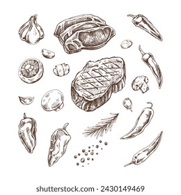 Set of hand-drawn sketches of barbecue elements. For the design of the menu of restaurants and cafes, grilled food. Pieces of meat and vegetables with seasonings.