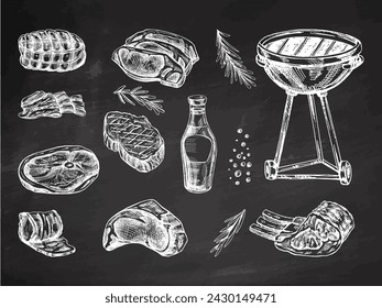 Set of hand-drawn sketches of barbecue elements on chalkboard background. For design of menu, grilled food. Doodle vintage illustration. Engraved image.