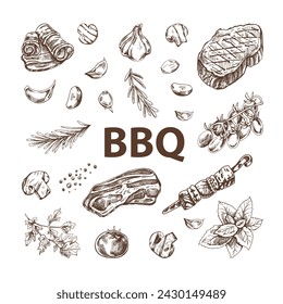 Set of hand-drawn sketches of barbecue elements. For the design of the menu of restaurants and cafes, grilled food. Doodle vintage illustration. Engraved image.