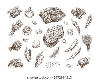 A set of hand-drawn sketches of barbecue elements. For the design of the menu of restaurants and cafes, grilled food. Pieces of meat and vegetables with seasonings.