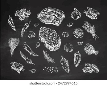 A set of hand-drawn sketches of barbecue elements on chalkboard background. For the design of the menu of restaurants and cafes, grilled food. Pieces of meat and vegetables with seasonings.
