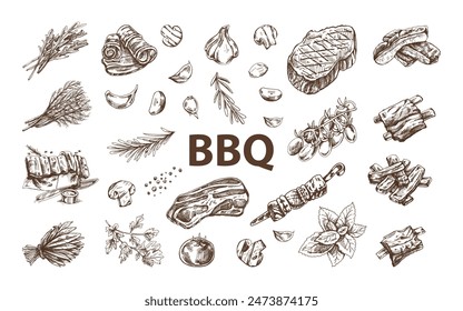 Set of hand-drawn sketches of barbecue elements. For the design of the menu of restaurants and cafes, grilled food. Doodle vintage illustration. Engraved image.