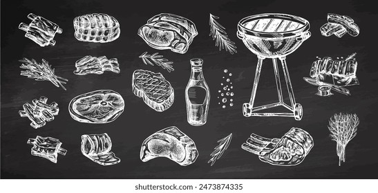 Set of hand-drawn sketches of barbecue elements. For the design of the menu of restaurants and cafes, grilled food. Doodle vintage illustration. Engraved image.