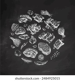 A set of hand-drawn sketches of barbecue elements. For the design of the menu of restaurants and cafes, grilled food. Pieces of meat and vegetables with seasonings.