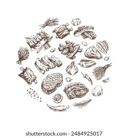 A set of hand-drawn sketches of barbecue elements. For the design of the menu of restaurants and cafes, grilled food. Pieces of meat and vegetables with seasonings.