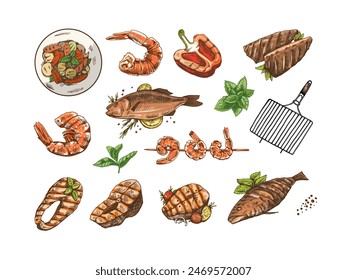 A set of hand-drawn sketches of barbecue fish and pieces of barbecue salmon steaks, shrimps, grilled pepper, barbecue. Doodle vintage illustration. Engraved image.