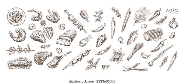 A set of hand-drawn sketches of barbecue and picnic elements. For the design of the menu of restaurants and cafes, grilled food. Doodle vintage illustration. Engraved image.