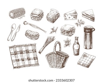 Un conjunto de bocetos hechos a mano de elementos de barbacoa y picnic. Para el diseño de la carta de restaurantes y cafeterías, parrilladas. Ilustración de la cosecha de Doodle. Imagen grabada.