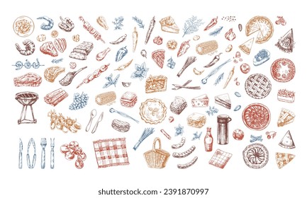 A set of hand-drawn sketches of barbecue and picnic elements. For the design of the menu of restaurants and cafes, grilled food. Doodle vintage illustration. Engraved image.