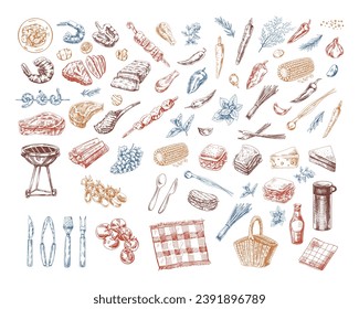 A set of hand-drawn sketches of barbecue and picnic elements. For the design of the menu of restaurants and cafes, grilled food. Doodle vintage illustration. Engraved image.