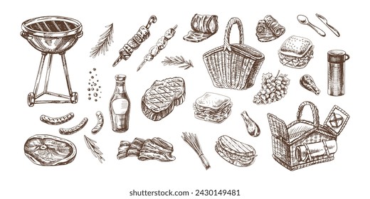 Set of hand-drawn sketches of barbecue and picnic elements. For the design of the menu of restaurants and cafes, grilled food. Doodle vintage illustration. Engraved image.