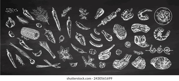 Set of hand-drawn sketches of barbecue and picnic elements, meat on chalkboard background. For the design of the menu, grilled food. Doodle vintage illustration. Engraved image.