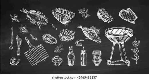 A set of hand-drawn sketches of barbecue and picnic elements, barbecue grill, tools, grilled fish, fish steaks. For the design of menu. Vintage illustration on chalkboard background.