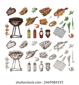 A set of hand-drawn sketches of barbecue and picnic elements, barbecue grill, tools, grilled fish, fish steaks. For the design of menu of cafes. Doodle vintage illustration.