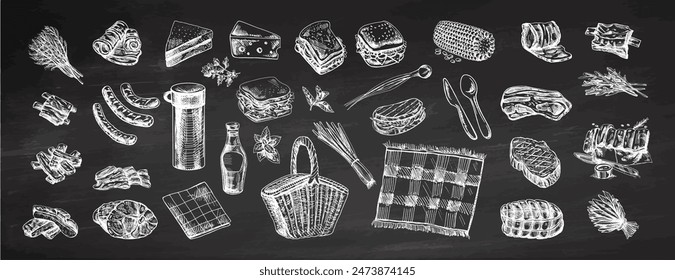 A set of hand-drawn sketches of barbecue and picnic elements. For the design of the menu of restaurants and cafes, grilled food, meat. Doodle vintage illustration. Engraved image.	