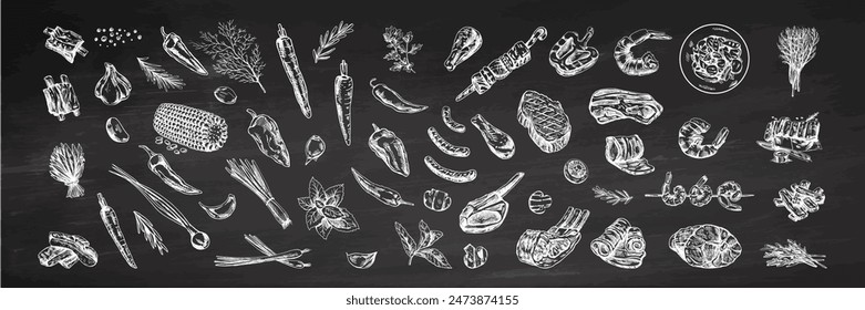 Set of hand-drawn sketches of barbecue and picnic elements, meat. For the design of the menu of restaurants and cafes, grilled food. Doodle vintage illustration. Engraved image.