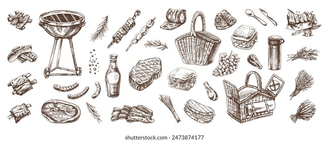 Set of hand-drawn sketches of barbecue and picnic elements. For the design of the menu of restaurants and cafes, grilled food. Doodle vintage illustration. Engraved image.