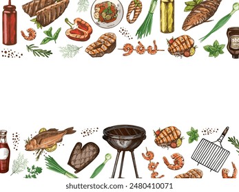 A set of hand-drawn sketches of barbecue and picnic elements, barbecue grill, tools, grilled fish, fish steaks. Template. Doodle vintage illustration.