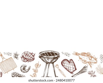 A set of hand-drawn sketches of barbecue and picnic elements, barbecue grill, tools, grilled fish, fish steaks. Template. Doodle vintage illustration.