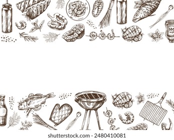 A set of hand-drawn sketches of barbecue and picnic elements, barbecue grill, tools, grilled fish, fish steaks. Template. Doodle vintage illustration.