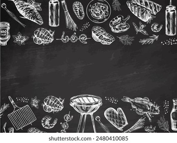 Un conjunto de bocetos dibujados a mano de barbacoa y Elementos de picnic, parrilla de barbacoa, herramientas, pescado a la parrilla, filetes de pescado. Plantilla. Ilustración de Antiguas sobre fondo de pizarra.