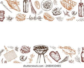 Un conjunto de bocetos dibujados a mano de barbacoa y Elementos de picnic, parrilla de barbacoa, herramientas, pescado a la parrilla, filetes de pescado. Plantilla. Ilustración vintage de Doodle.