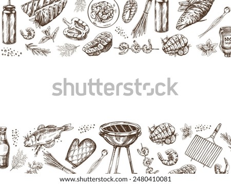 A set of hand-drawn sketches of barbecue and picnic elements, barbecue grill, tools, grilled fish, fish steaks. Template. Doodle vintage illustration.