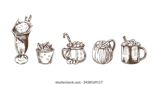 Un conjunto de bocetos dibujados a mano de bebidas frías y calientes. Ilustración vectorial en estilo vintage. Bebidas. Bueno para el menú.	