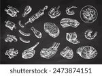 Set of hand-drawn sketches of different types of meat, steaks, shrimp, chicken, grilled vegetables, barbecue. Doodle vintage illustration. Engraved image.