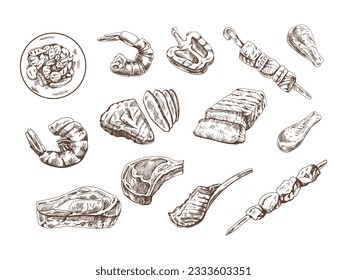 A set of hand-drawn sketches of different types of meat, steaks, shrimp, chicken, grilled vegetables, barbecue. Doodle vintage illustration. Engraved image.