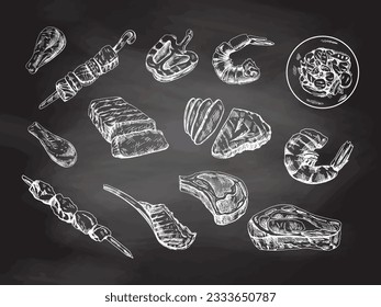 A set of hand-drawn sketches of different types of meat, steaks, shrimp, chicken, grilled vegetables, barbecue on chalkboard background. Doodle vintage illustration. 