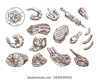 Set of hand-drawn sketches of different types of meat, steaks, shrimp, chicken, grilled vegetables, barbecue. Doodle vintage illustration. Engraved image.
