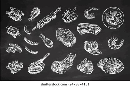 Set of hand-drawn sketches of different types of meat, steaks, shrimp, chicken, grilled vegetables, barbecue. Doodle vintage illustration. Engraved image.