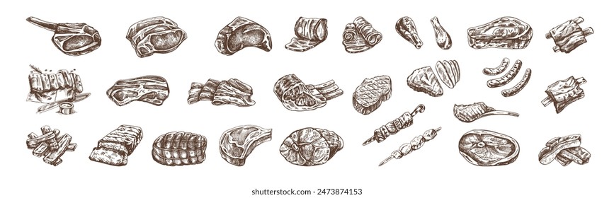 Set of hand-drawn sketches of different types of meat, steaks, chicken, kebabs, bacon, tenderloin, pork, beef, ham, barbecue. Vintage illustration on white background. 