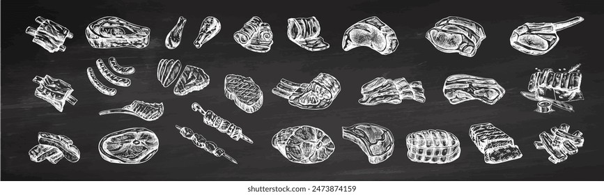 Set of hand-drawn sketches of different types of meat, steaks, chicken, kebabs, bacon, tenderloin, pork, beef, ham, barbecue. Vintage illustration on white background. 