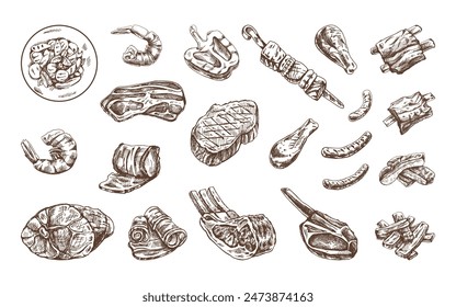 Set of hand-drawn sketches of different types of meat, steaks, shrimp, chicken, grilled vegetables, barbecue. Doodle vintage illustration. Engraved image.