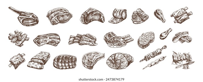 Set von handgezeichneten Skizzen von verschiedenen Arten von Fleisch, Steaks, Hühnchen, Kebabs, Speck, Filet, Schwein, Rind, Schinken, Grill. Klassische Abbildung auf weißem Hintergrund. 