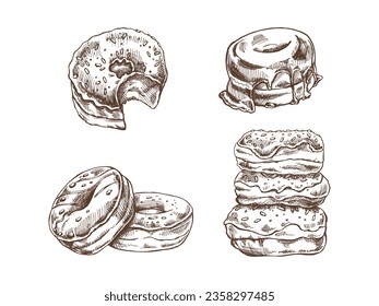 A set of hand-drawn sketches of donuts. Vintage illustration. Pastry sweets, dessert. Element for the design of labels, packaging and postcards.