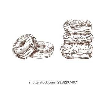 A set of hand-drawn sketches of donuts. Vintage illustration. Pastry sweets, dessert. Element for the design of labels, packaging and postcards.