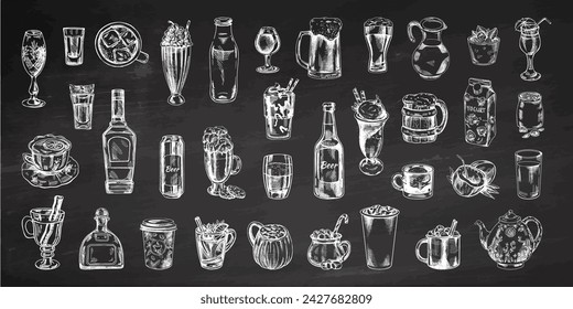 A set of hand-drawn sketches of drinks on chalkboard background. Vector illustration in vintage style. Beverages. Good for the menu. 