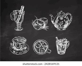 A set of hand-drawn sketches of drinks on chalkboard background. Vector illustration in vintage style. Beverages. Good for the menu.	