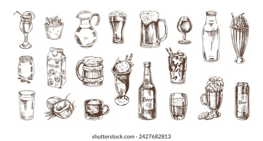 A set of hand-drawn sketches of drinks. Vector illustration in vintage style. Beverages. Good for the menu.