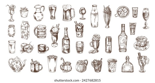 Un conjunto de bocetos de bebidas dibujados a mano. Ilustración vectorial en estilo vintage. Bebidas. Bueno para el menú.