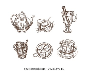 A set of hand-drawn sketches of drinks. Vector illustration in vintage style. Beverages. Good for the menu.	