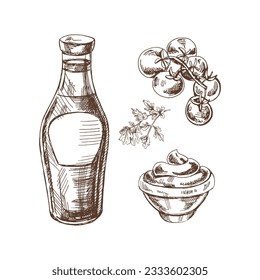 A set of hand-drawn sketches of ketchup or sauce in a glass jar and in a bowl, tomato branch and parsley. For the design of the menu of restaurants and cafes, grilled food. Doodle vintage illustration