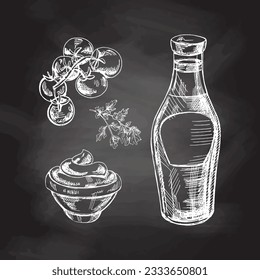 A set of hand-drawn sketches of ketchup or sauce in a glass jar and in a bowl, tomato branch and parsley. For the design of the menu of restaurants and cafes, grilled food. 