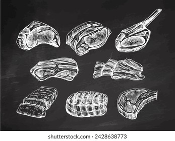 A set of hand-drawn sketches of meat pieces, beef steak, ham, pork on chalkboard background. Fresh raw meat products. For design of menu for restaurants, butcher shop. 