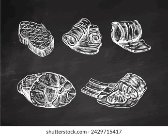 Set of hand-drawn sketches of meat pieces, beef steak, ham, pork, bacon, ribs. Fresh meat products on chalkboard background. For design of menu, butcher shop. Engraved illustration.