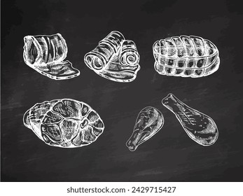 A set of hand-drawn sketches of meat pieces, beef steak, ham, pork, chicken on chalkboard background. Fresh meat products. For design of menu for restaurants, butcher shop. 