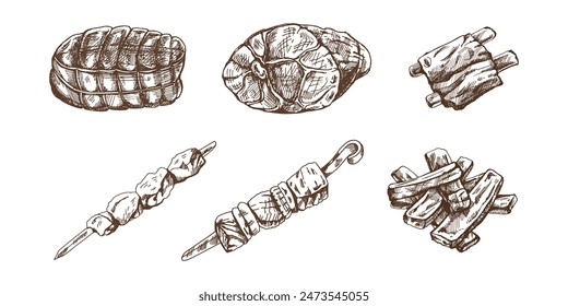 Set of hand-drawn sketches of meat pieces, ham, pork, dried meat, kebabs. Fresh meat products. For design of menu, butcher shop. 